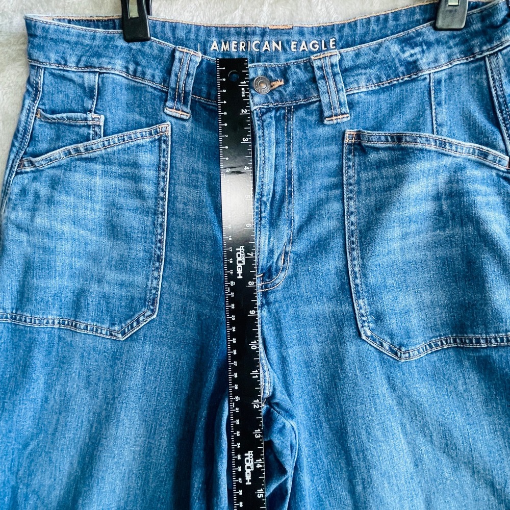 American Eagle Wide Leg Jeans Womens 12 Long Medium Wash Patch Pocket Stretch - Picture 6 of 16